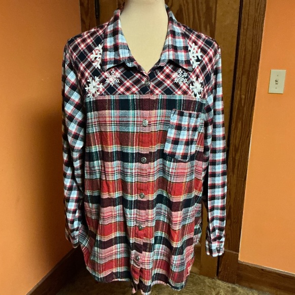 Women’s Patchwork Plaid Flannel Shirt Button Up Boho Top - Picture 9 of 11
